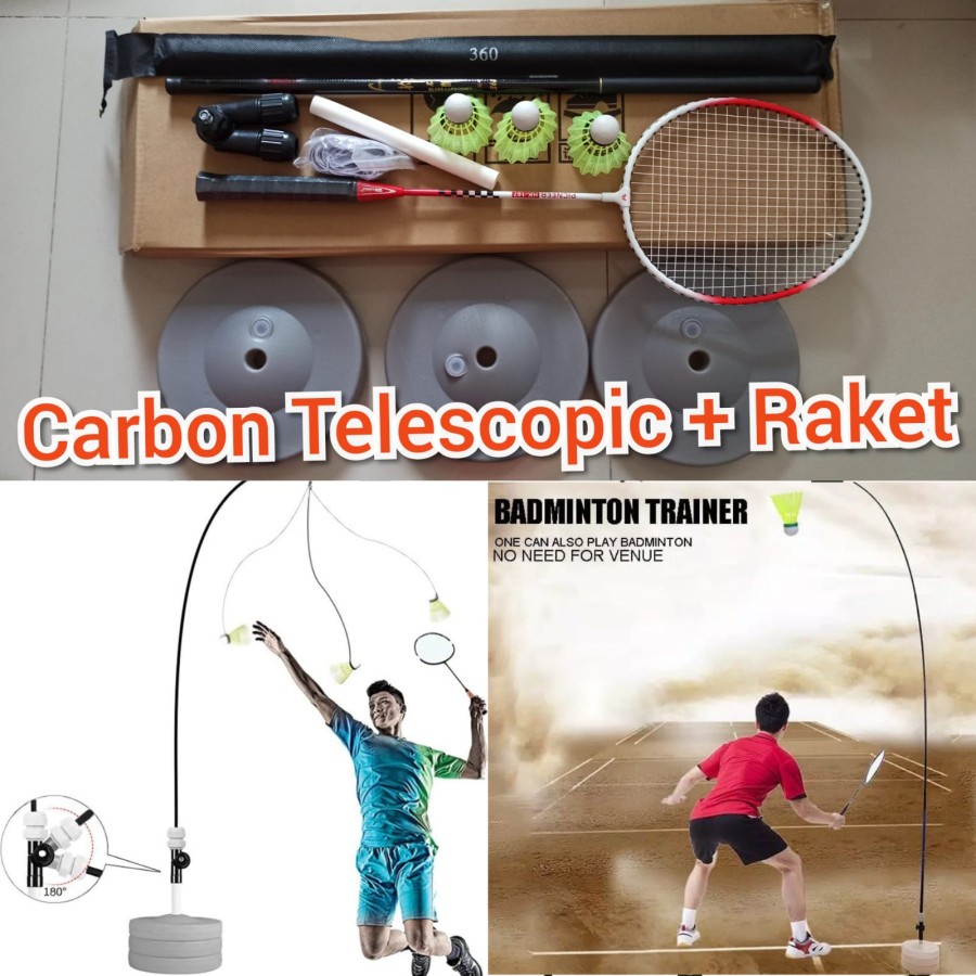 Badminton Trainer latihan sendiri mandiri alat mantul bulu tangkis KOK - Carbon Telescopic + Raket