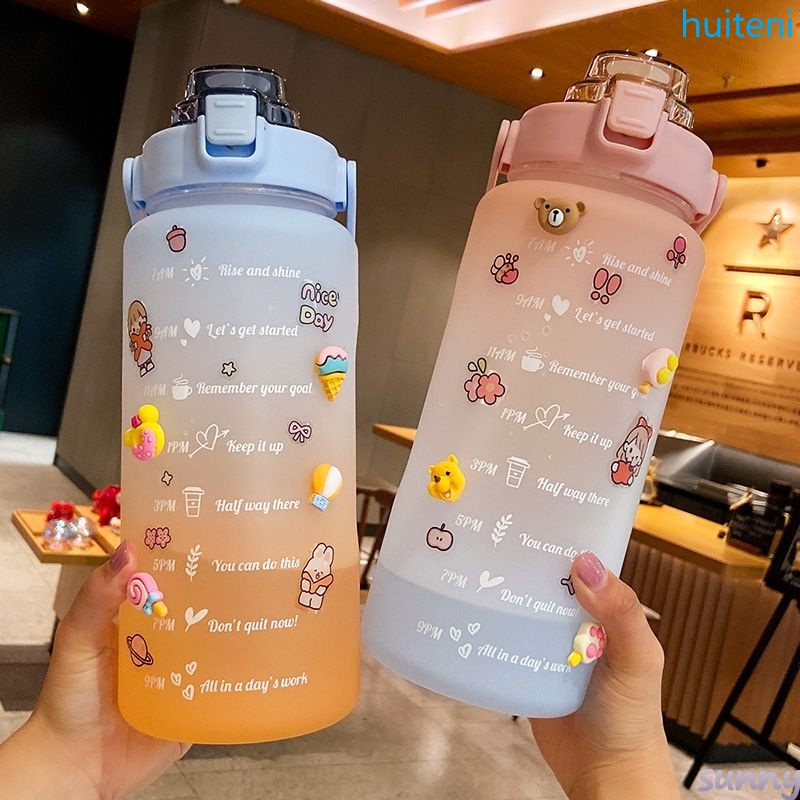 1000/2000ML Sport Water Bottle Portable Gradient Bottle Transparent Straw Water Cup Large-capacity Timer Indicator Sports Fitness Outdoor Travel Tumbler