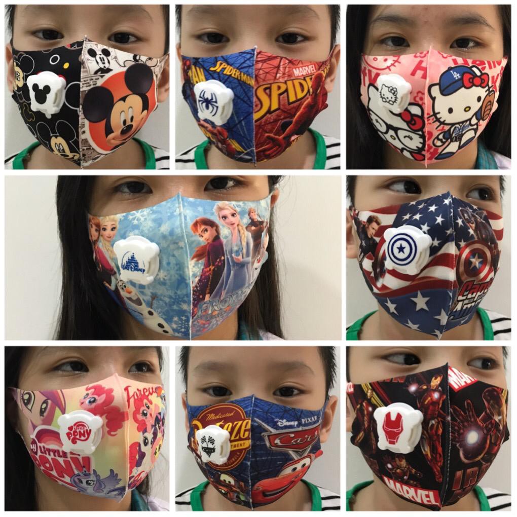 Masker Anak Kain Scuba+Respirator Motif Karakter Kartun & Super Hero/Masker Anti Polusi/Masker Debu