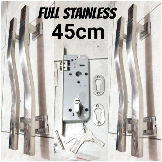 Paket handle pintu stainless 45cm maroon / coklat / full stainless 2set + body pelor belmondo