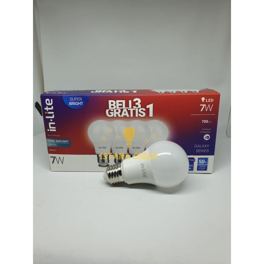 LAMPU LED BULB INLITE IN-LITE 3 GRATIS 1 7W 7 W WATT WT BERGARANSI