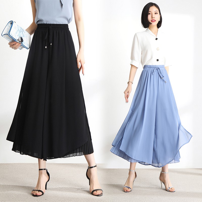 【SALE】korean Layered Elastic Waist Solid Wide Leg Pants 7256