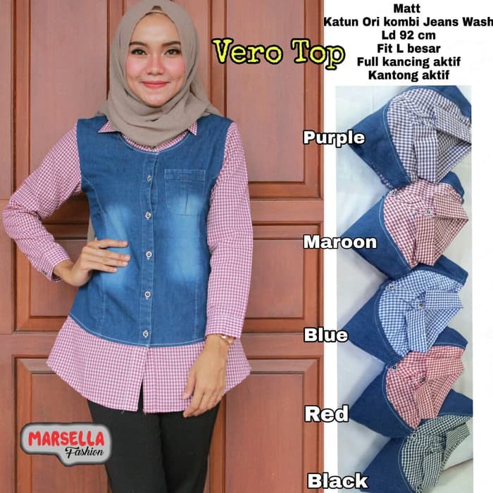 vero top marsela fashion kemeja kombinasi katun jeans wash katun original termurah