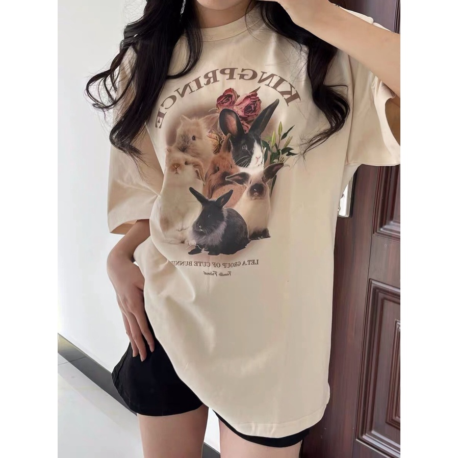 American Vintage Cute Rabbit Letter Pattern printing Overszie T-shirt baju kaos wanita/kaos puith
