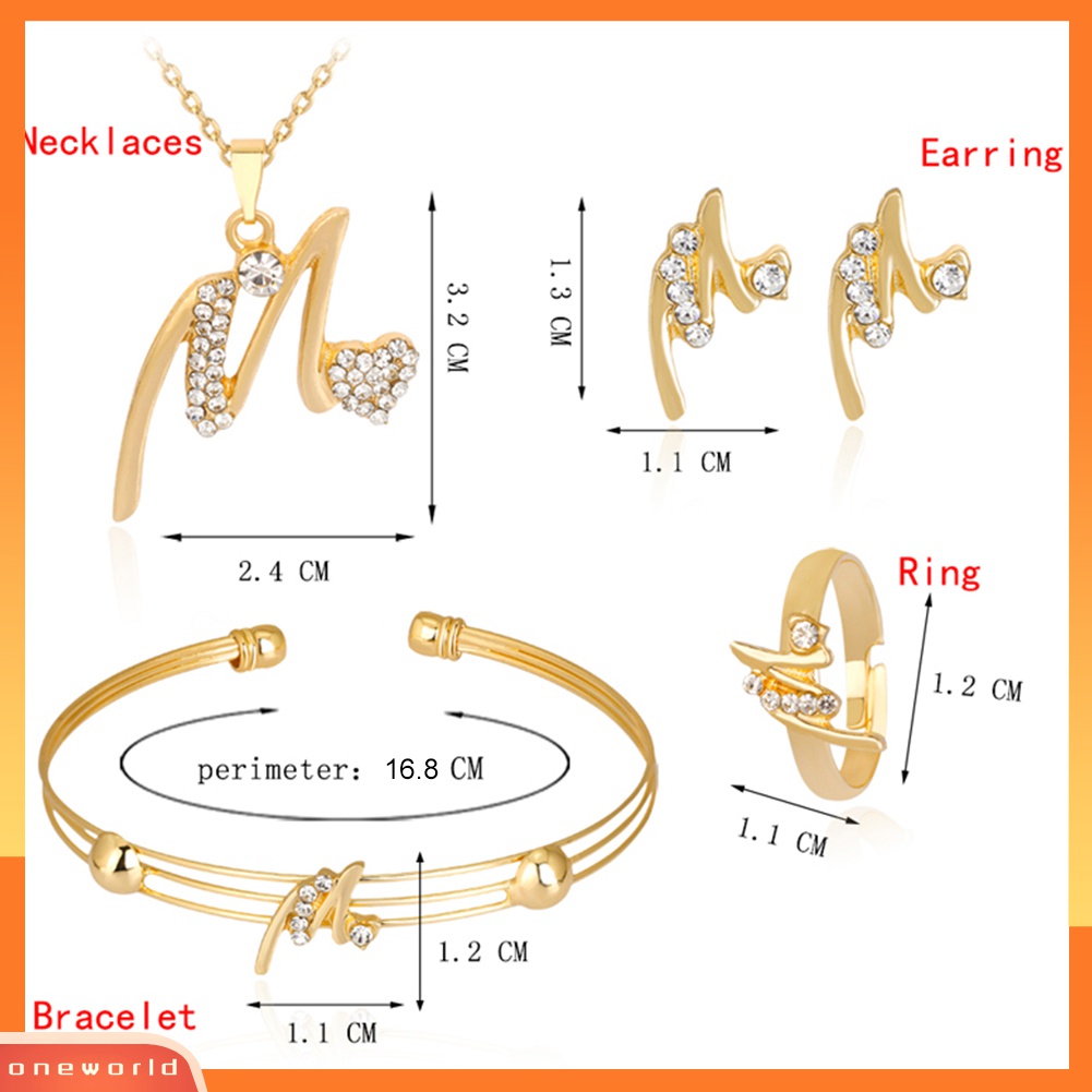 Set Kalung + Gelang + Cincin + Anting Lapis Emas Bentuk Huruf M Aksen Berlian Imitasi Untuk Wanita