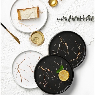 NEXXIO Crackle Plate Nordic Ins - Piring Makan Motif Marmer Hitam Putih Gold - Piring Makan Keramik Marble Gold Hitam Doff Dan Putih Doff