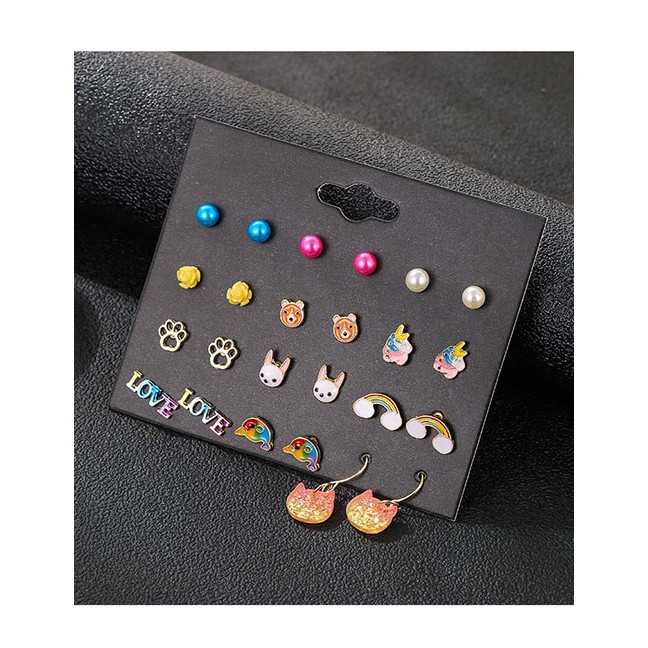 LRC Anting Set Fashion Color Pearl Rainbow Puppy Flower Earring Set D60884