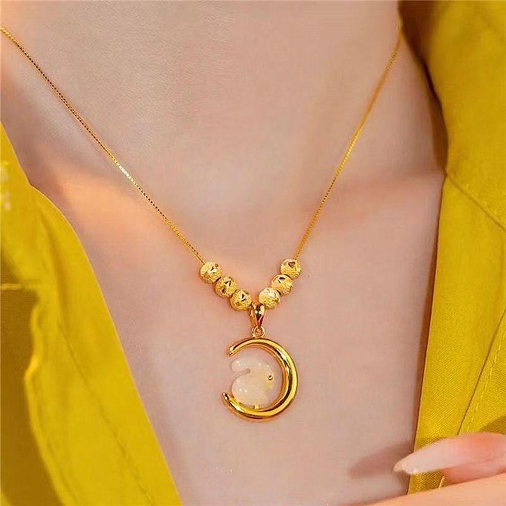 Mxbeauty Kalung Manik-Manik Giok Desain Kelinci Bulan Elegan Untuk Wanita