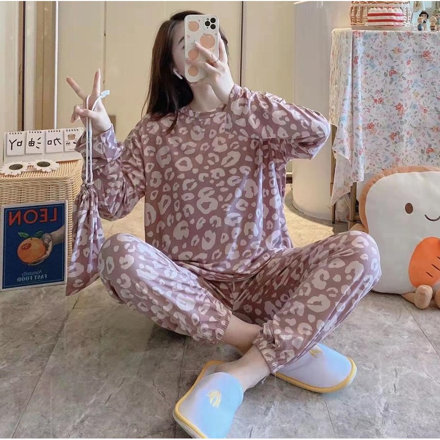 AJW Shop Setelan Wanita Import Joger | Setelan Baju Tidur Wanita | Piyama Wanita-Motif Coklat