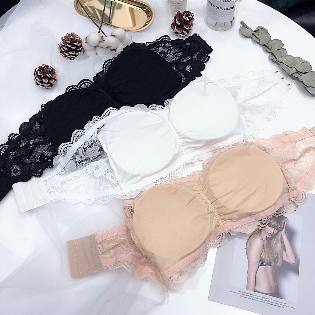 HUES.ID Crop Top Bra Renda Kemben Bandeau Model Tanpa Tali Dengan Busa 1009