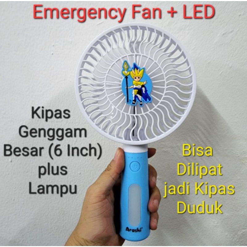 Kipas genggam portable jumbo 6 inci Arashi 601L Handy fan portable dan lampu emergency lamp rechargeable