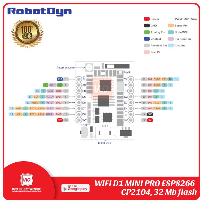 ROBOTDYN WIFI D1 MINI PRO ESP8266 CP2104 LIKE WEMOS D1 MINI PRO ESP8266