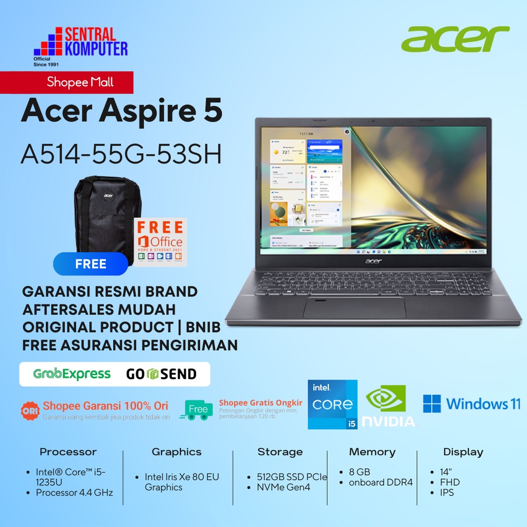 Acer Aspire 5 Slim A514-55G i5-1235U-MX550-8GB-512GB SSD-Win 11+OHS