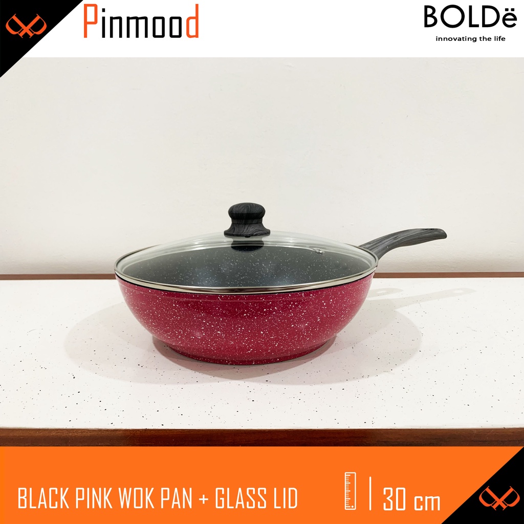 BOLDE BLACK PINK 30 CM WOK PAN + GLASS LID / TUTUP KACA SUPER PAN COATING GRANITE PANCI PENGGORENGAN WAJAN ANTI LENGKET