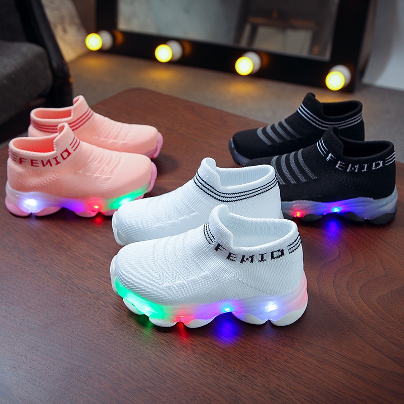 Kids Sneakers Children Baby Girls Boys Letter Mesh Led Luminous Socks Sport Run Sneakers Shoes Sapat