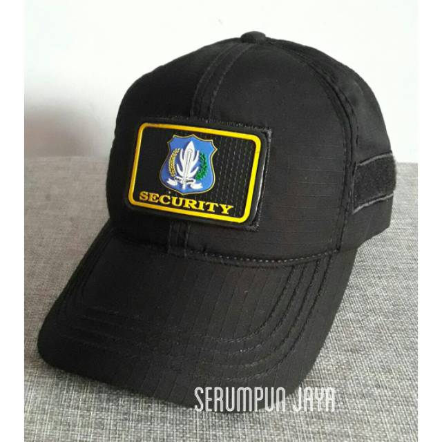 TOPI SECURITY HITAM LOGO BIRU - TOPI VELCRO SECURITY + PATCH