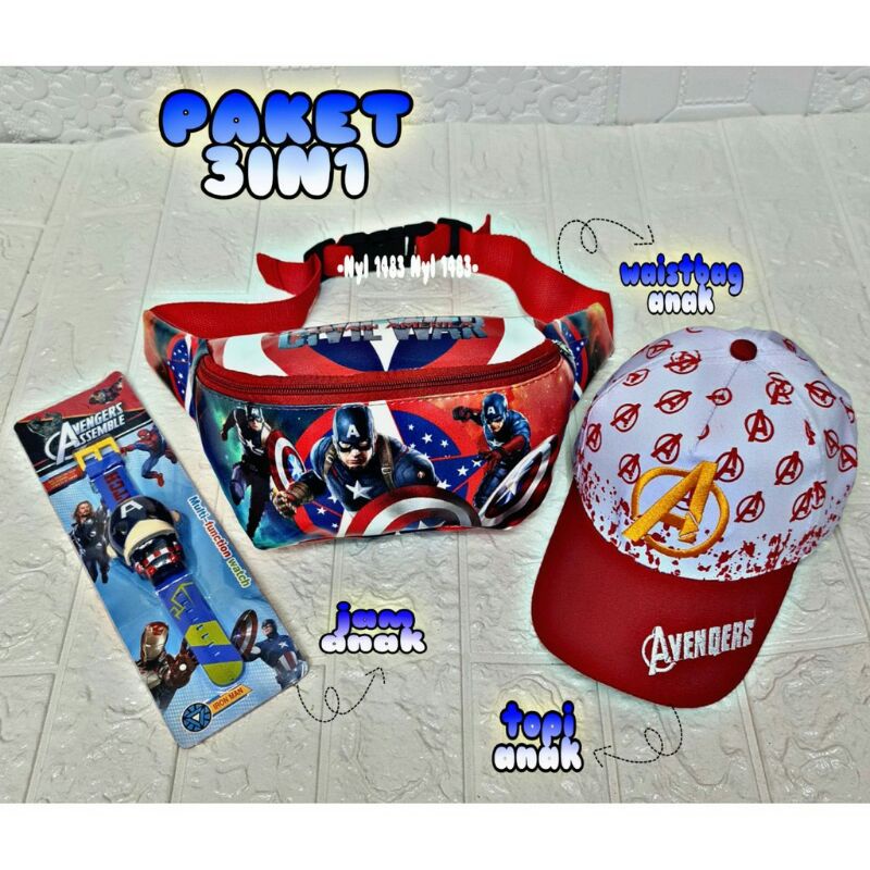 PAKET HEMAT 3IN1 TAS SELEMPANG ANAK LAKI LAKI TOPI ANAK DAN JAM ANAK AVENGER WAISTBAG ANAK