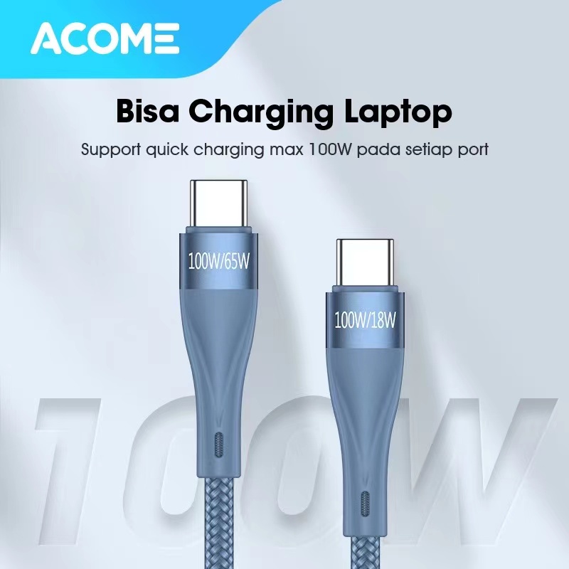 Acome Kabel Data Type-C 2 100W 2 in 1 Quick Charging Cable Garansi Resmi 1 Tahun ACC012