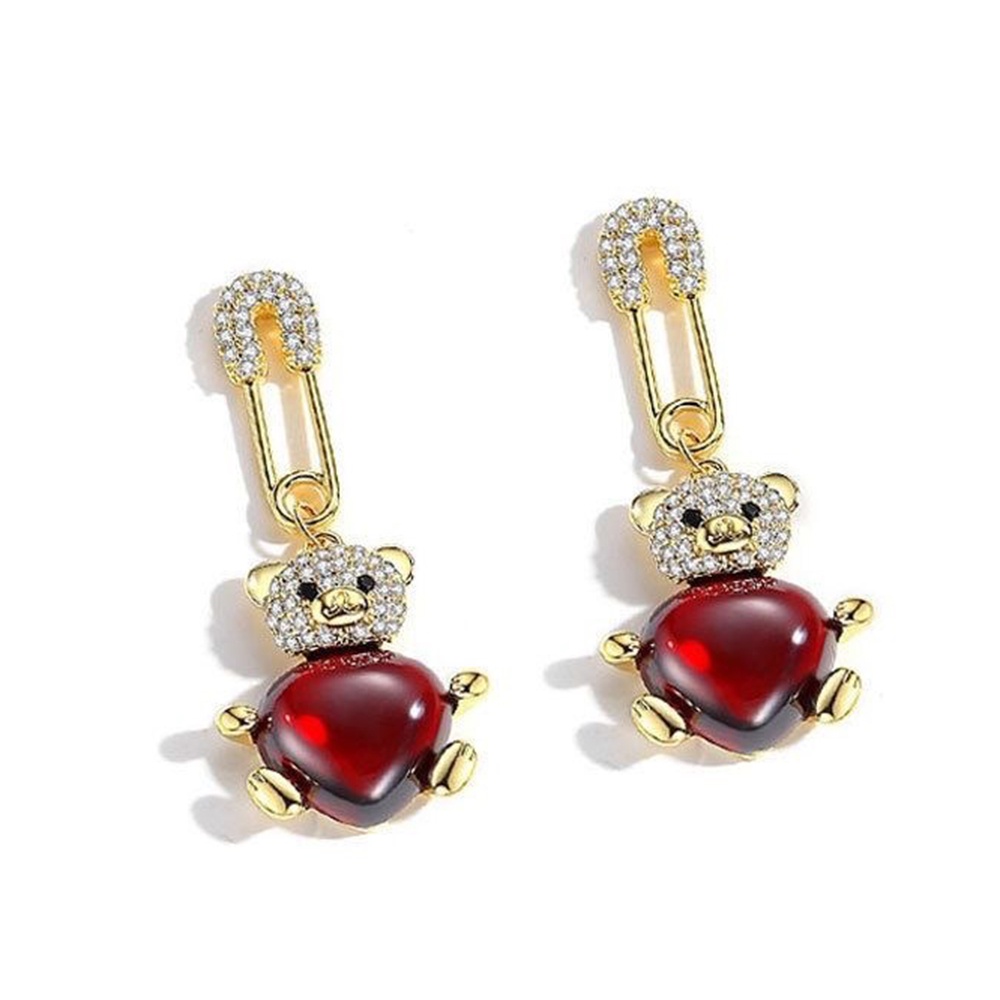 1 Pasang Anting Tusuk Sterling Silver 925 Desain Beruang Merah Hias Berlian Untuk Wanita