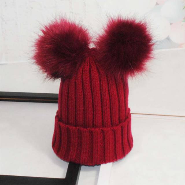 Topi Kupluk Beanie Pompom Panda Halus Rajut Winter Penghangat Musim Dingin