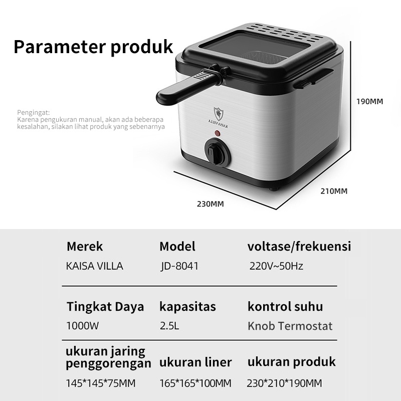 KaisaVilla Deep Fryer Listrik 2.5L Penggoreng Listrik