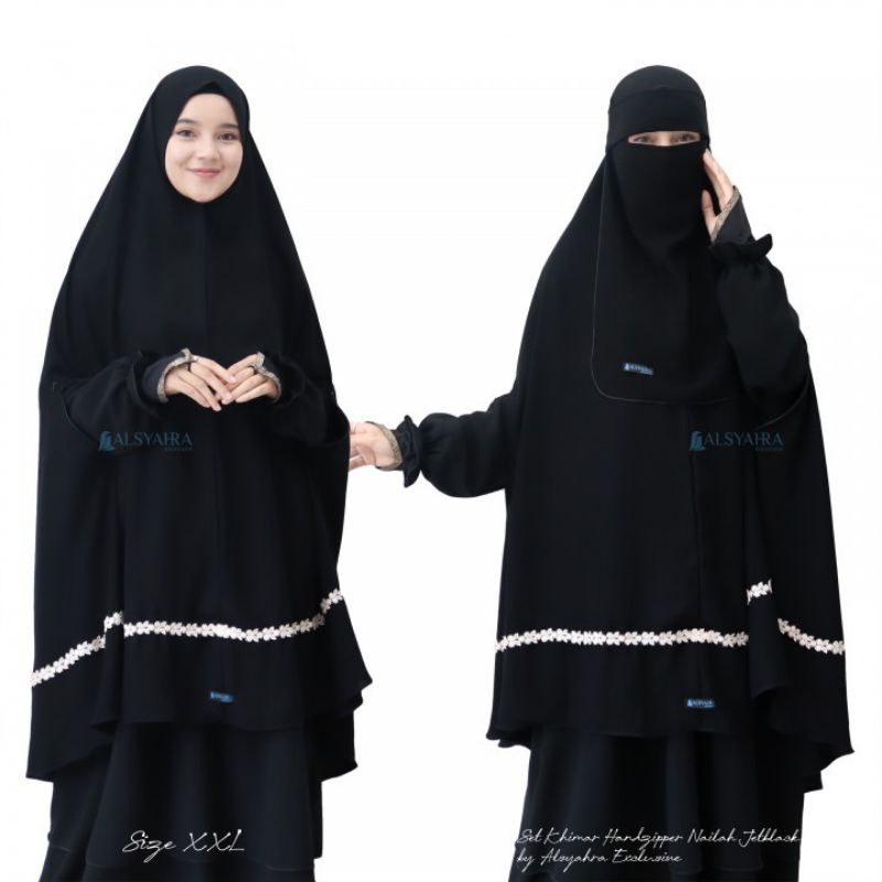 Set Khimar Syari Handzipper Nailah Niqab Poni Jetblack Alsyahra Exclusive