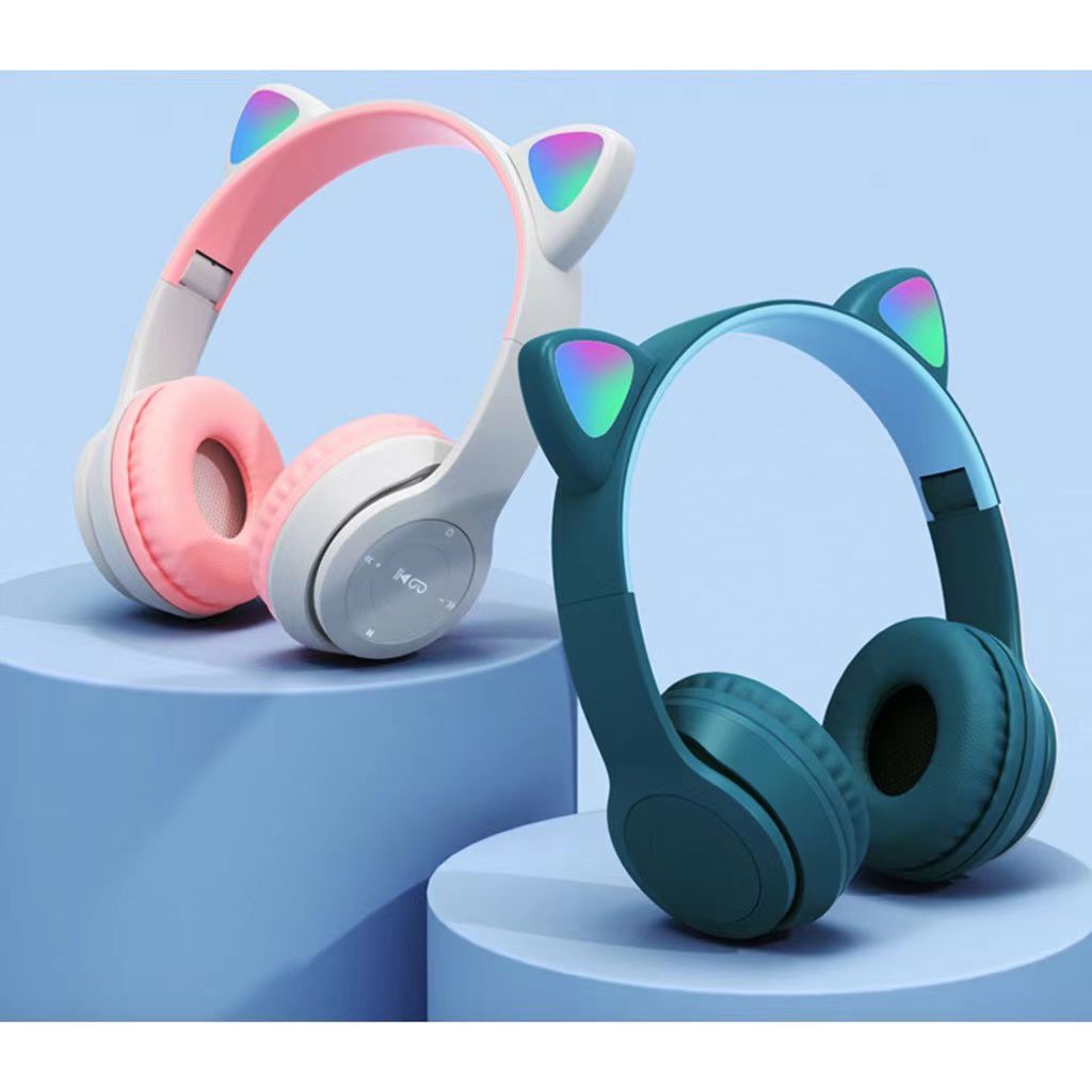 Headphone Gaming Bluetooth Bando Ear Cat LED kuping bendo Music play BT Wireless tanpa kabel