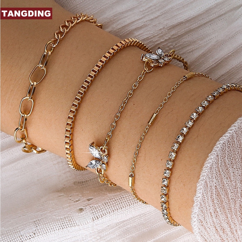 【COD Tangding】5pcs / set Gelang Rantai Silang Desain Kupu-Kupu Warna Silver Emas