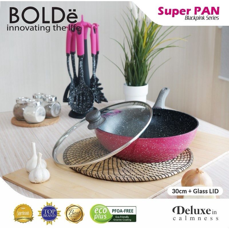 Panci Penggorengan Bolde 30cm Wok + Glass LID Black Pink Free Tutup Kaca