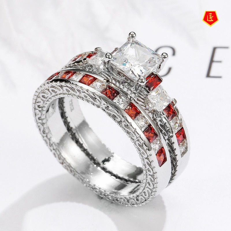 [Ready Stock]Inlaid Square Diamond Ruby Ring