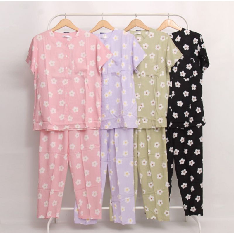 Baju Tidur / Piyama rayon AMRO Lengan Pendek Celana Panjang Fleur