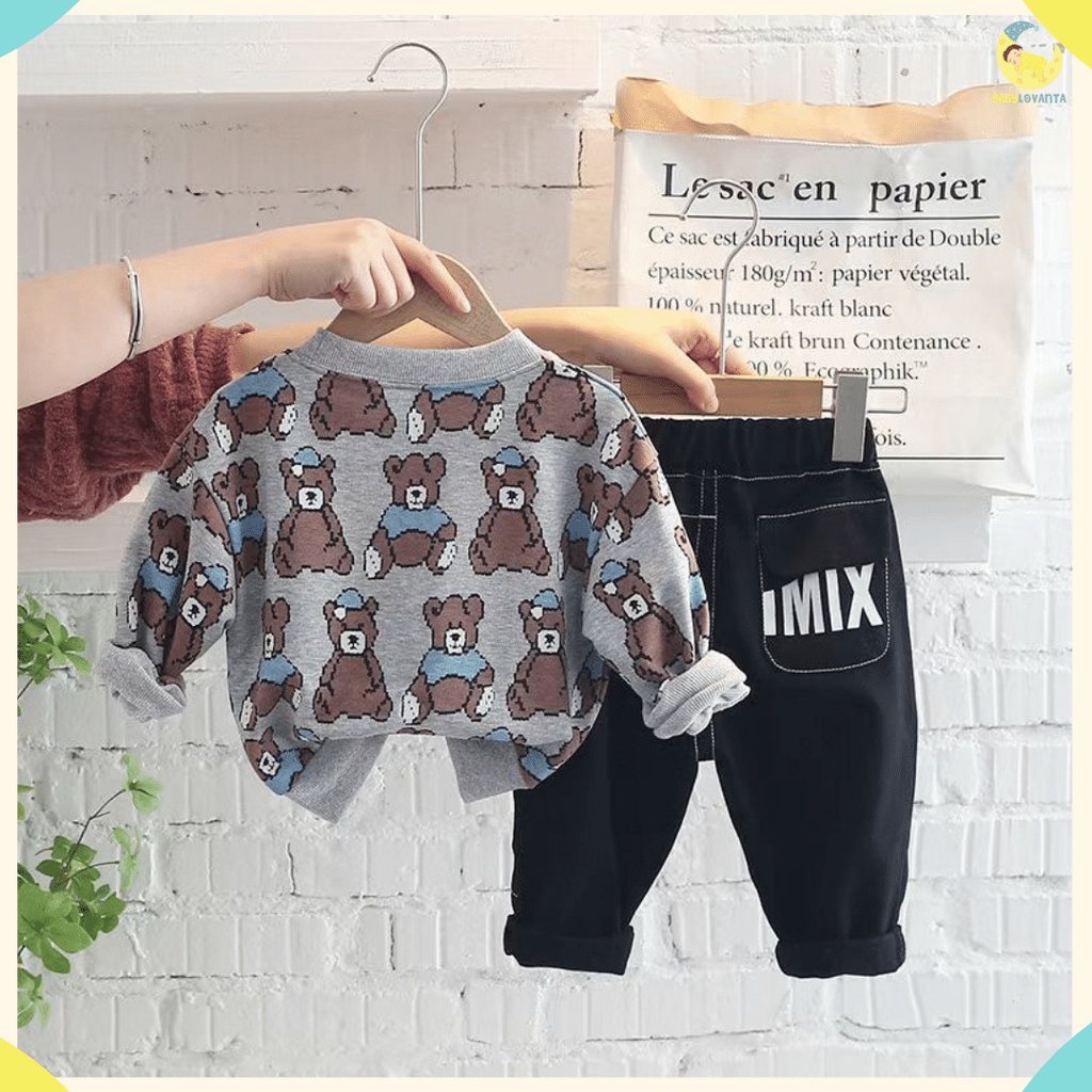 BABYLOVANTA- Setelan baju anak anak MOTIF BEARGREY 0-5 Tahun/Baju lucu Anak anak impor premium