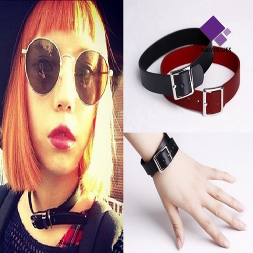 Kalung Choker Bahan Kulit Imitasi Aksen Rivet Spike Buckle Gaya Punk Untuk Wanita