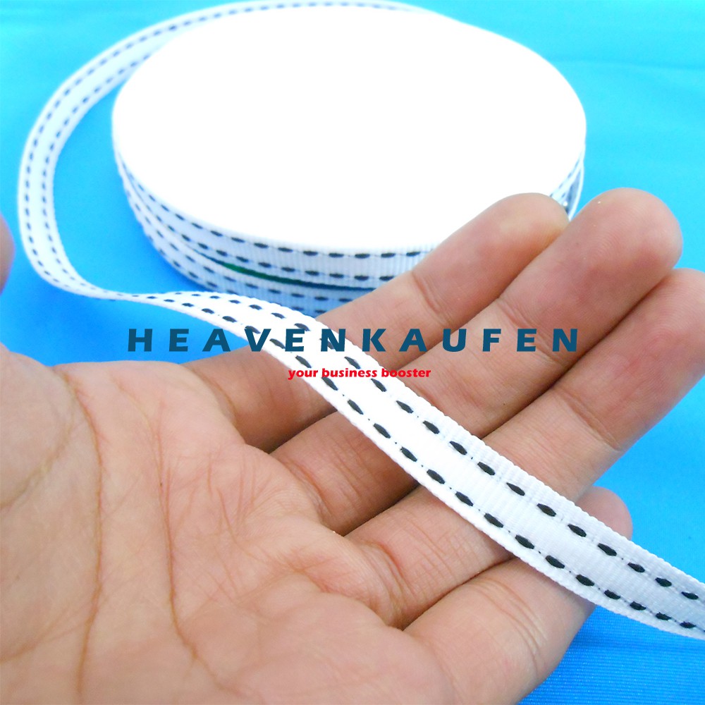 Tali Webbing Lanyard Bintik Halus Lebar 1 cm Putih Garis Putus Hitam Harga Per Rol isi 19 Meter