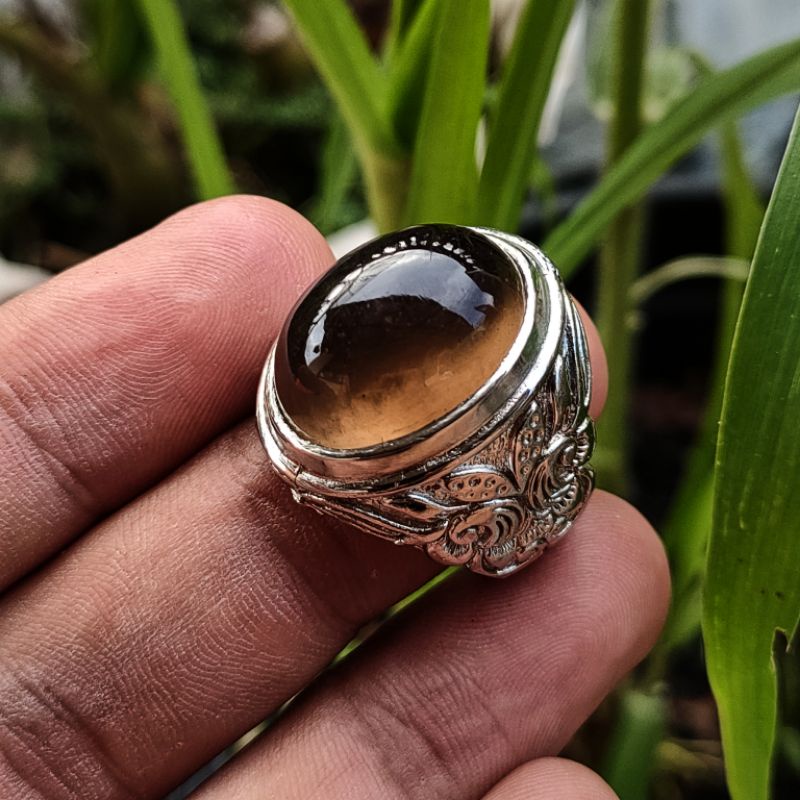 CINCIN BATU AKIK NATURAL SMOKY QUARZT CRYSTAL KECUBUNG TEH SOLAR SOLOK SELATAN KODE 02055