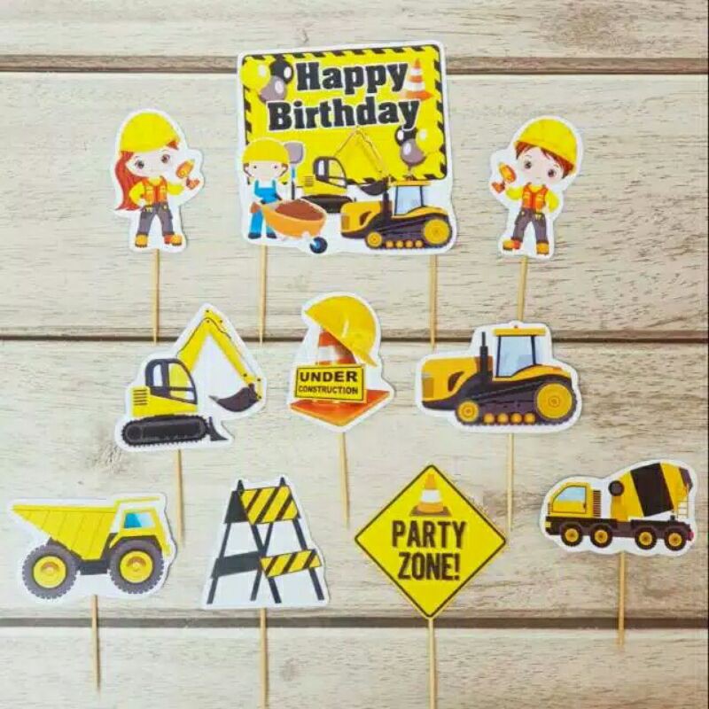 topper toper hiasan cup cake cupcake kue ulang tahun happy birthday karakter construction konstruksi