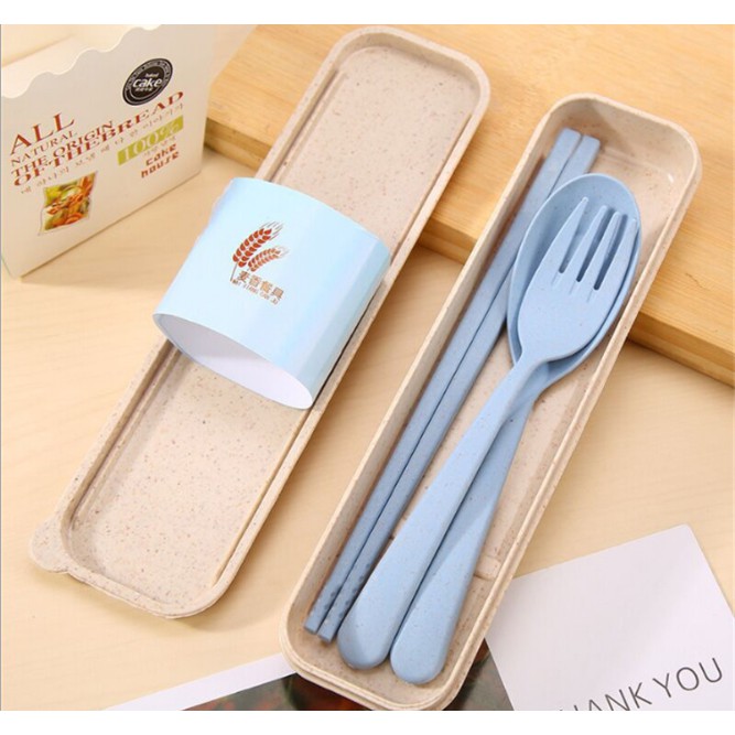 Set Alat Makan 3 in 1 SENDOK GARPU SUMPIT POLOS Bahan Jerami + Wadah Box Tempat Penyimpanan Sendok Garpu Portable / Sendok Garpu EcoFriendly