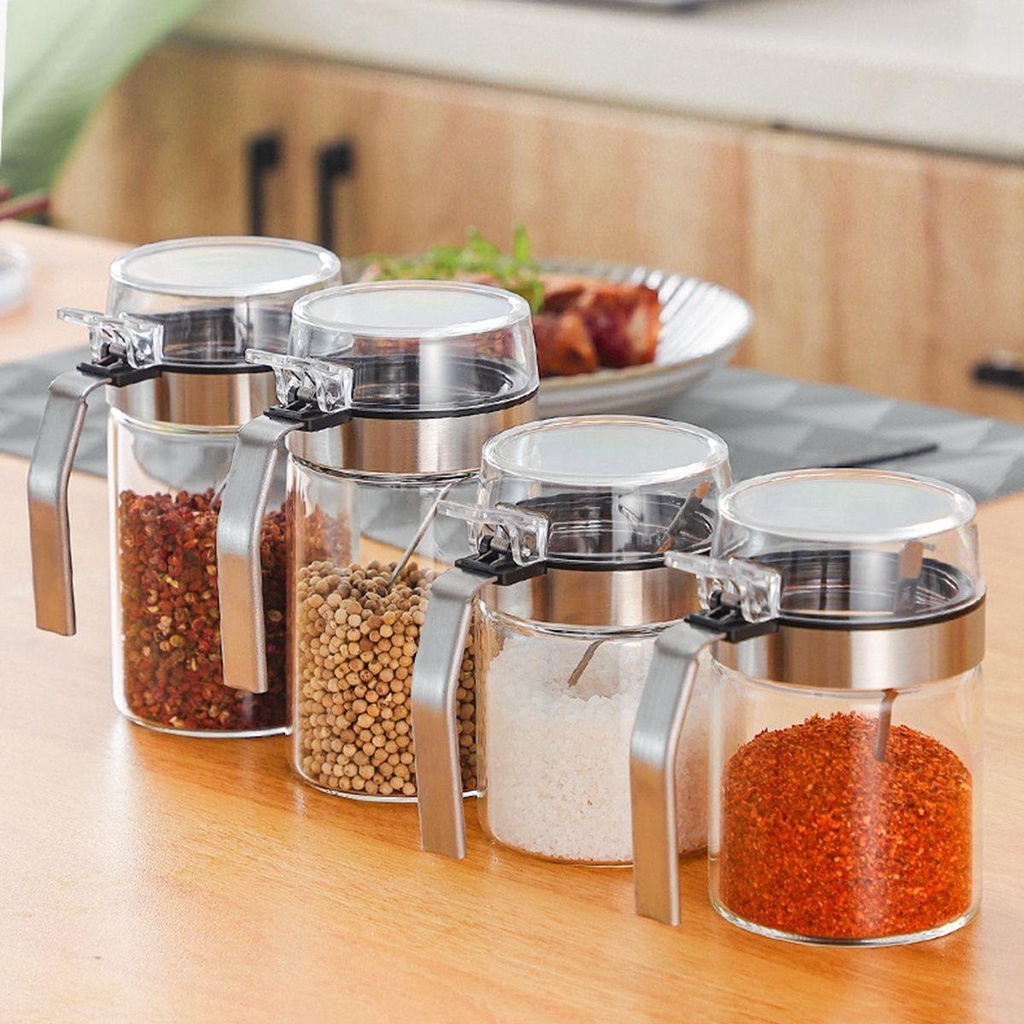 [Elegan] Toples Bumbu Garam Gula Dengan Sendok Organizer Stainless Steel Anti-Moisture Condiment Pot