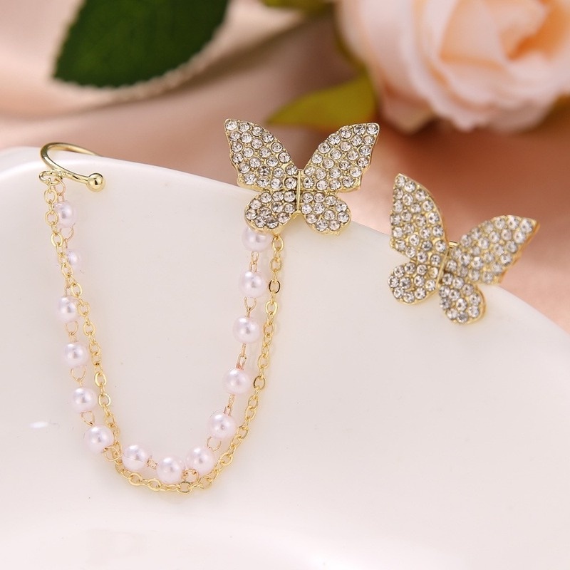 New style Korean asymmetrical pearl tassel butterfly earrings ear bone clip