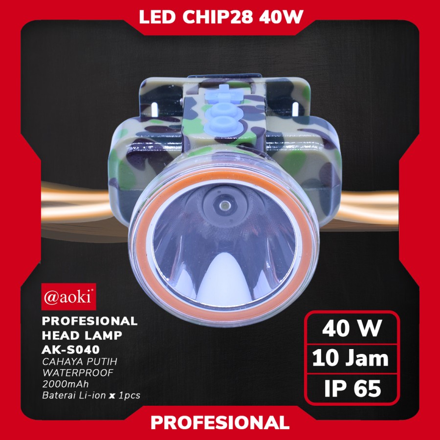 COD SENTER KEPALA PROFESSIONAL HEADLAMP 40 WATT AOKI AK-S040 CAHAYA PUTIH 2000mAh IP68