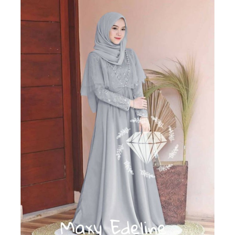 MAXY EDELINE MUTIARA, MOSCREPE BRUKAT, GAMIS HIJAB MUSLIM, MAXY DRESS, 3 UKURAN