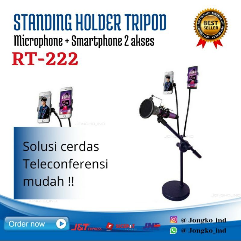 Standing microphone with smartphone 2 akses lazypod RT222 stand mic pendek podcast terbaik