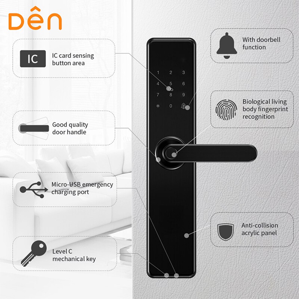 

DEN Smart Home Door Lock WiFi 4-in-1 Unlock (Fingerprint, Card, Password, App)