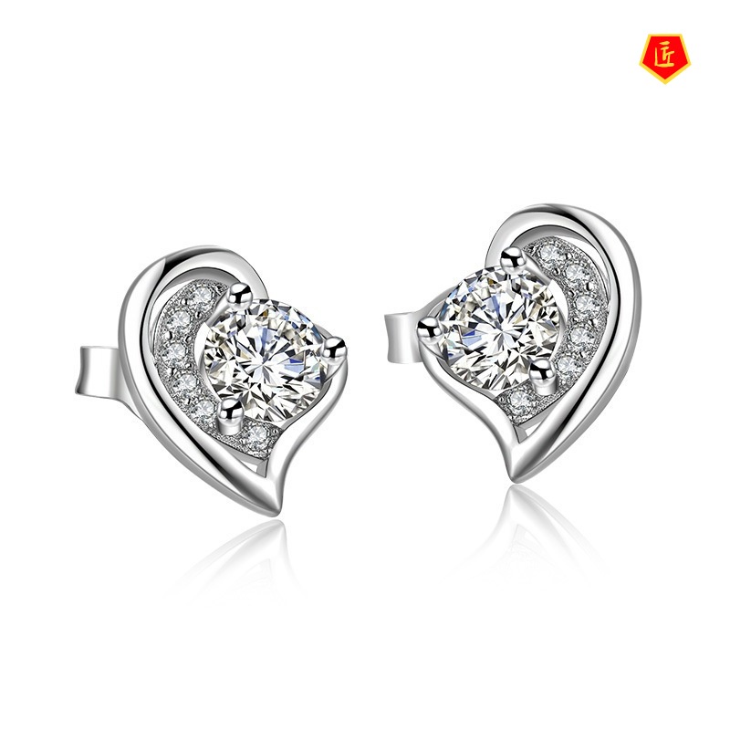 [Ready Stock]925 Silver Women's Simple Diamond Heart-Shaped Earrings