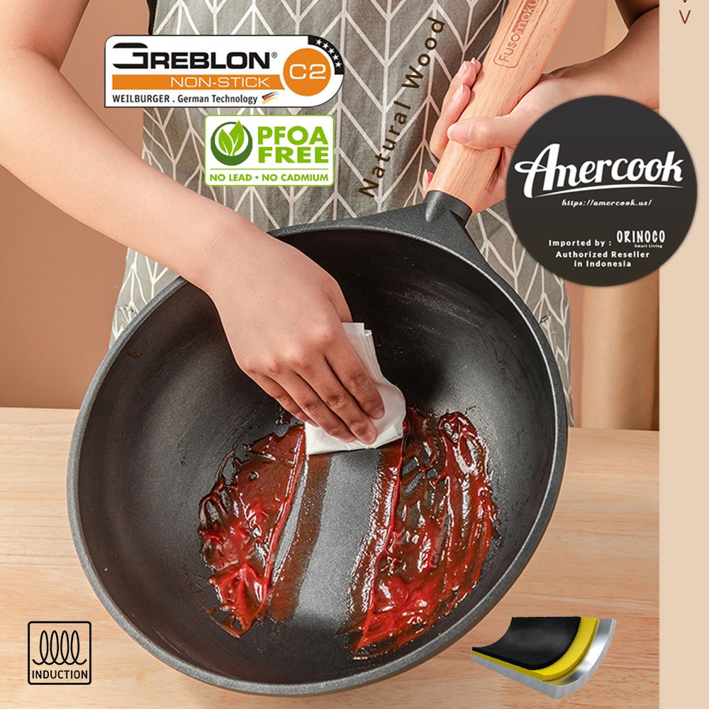 Amercook Wajan Penggorengan Wok Pan Anti Lengket Fusomoku Wooden 28 CM