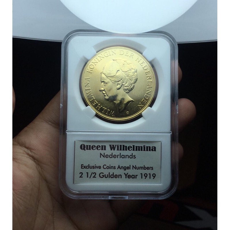 Koin Kuno Wilhelmina 1919 Warna Gold 2 Setegah Gulden Exlusif