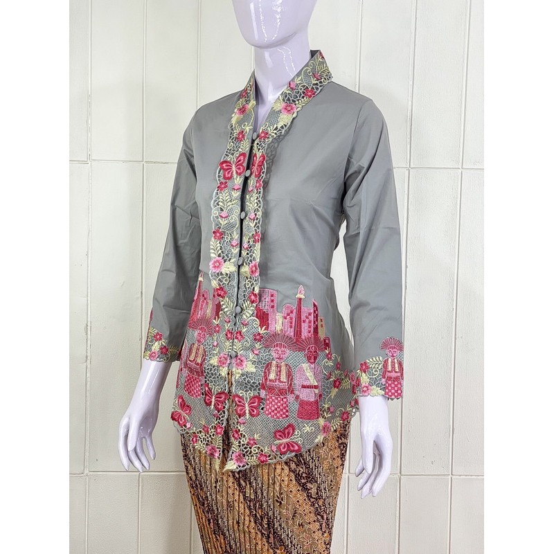 OSW03 - Daliyu KEBAYA ONDEL BETAWI ENCIM KARTINI LENGAN PANJANG BORDIR Katun Stretch / M L XL XXL-Abu