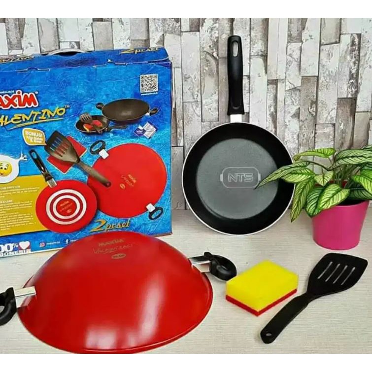 Maxim Valentino 2 Pcs Set Wok30Cm Frypan 22Cm Spatula Dan Spon