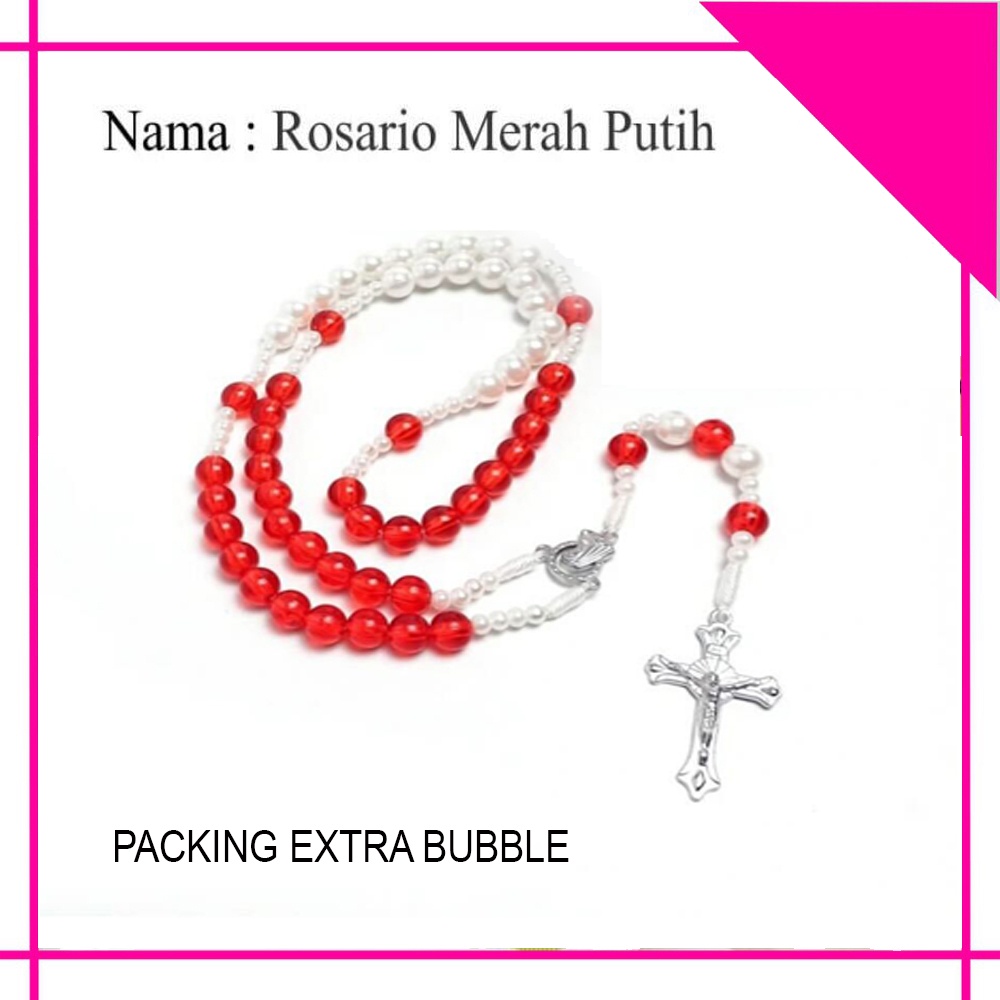 Kalung Rosario Merah Putih / Rosario Motif Salib Coklat / Rosario Akrilik Motif Mawar