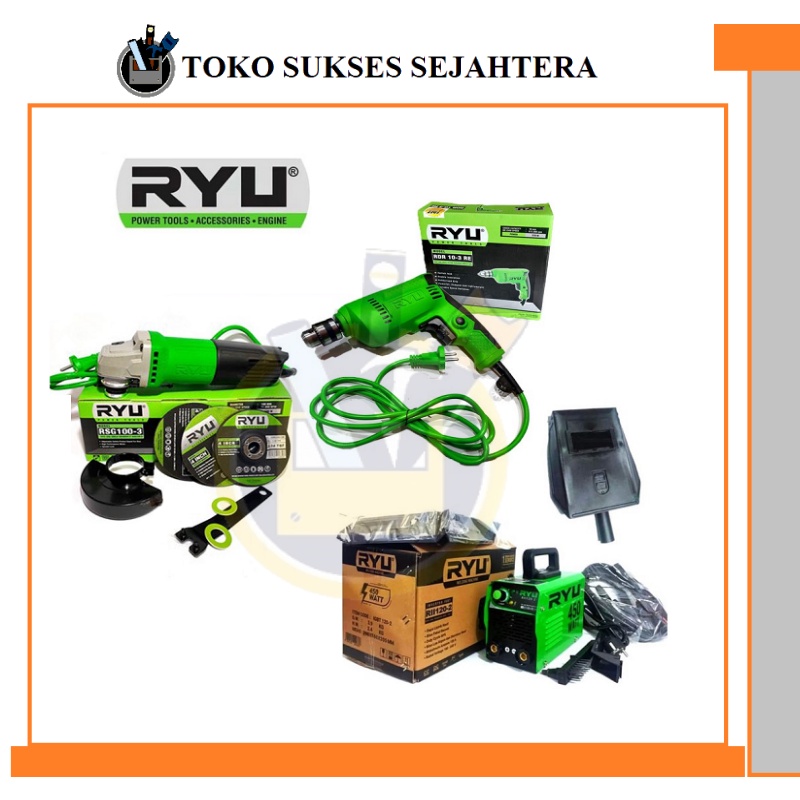 KHUSU HARI INI !! PAKET LAS 3 ITEM Mesin Las 450 Watt RYU 120a Trafo Travo Las + Mesin Gerinda 4 inch + Bor Ryu 10mm